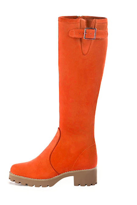 French elegance and refinement for these clementine orange knee-high boots with buckles, 
                available in many subtle leather and colour combinations. Record your foot and leg measurements.
We will adjust this beautiful boot with inner zip to your leg measurements in height and width.
The outer buckle allows for width adjustment. 
                Made to measure. Especially suited to thin or thick calves.
                Matching clutches for parties, ceremonies and weddings.   
                You can customize these knee-high boots to perfectly match your tastes or needs, and have a unique model.  
                Choice of leathers, colours, knots and heels. 
                Wide range of materials and shades carefully chosen.  
                Rich collection of flat, low, mid and high heels.  
                Small and large shoe sizes - Florence KOOIJMAN